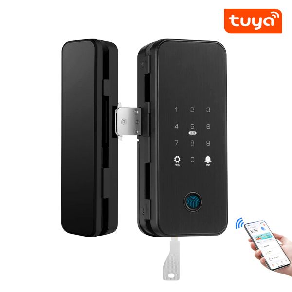 Lock Tuya SmartLife Una tarjeta de huella digital inteligente contraseña de contraseña de bloqueo automático con llave para la oficina en casa marco sin marco de vidrio Presionamiento corredizo puerta corredera