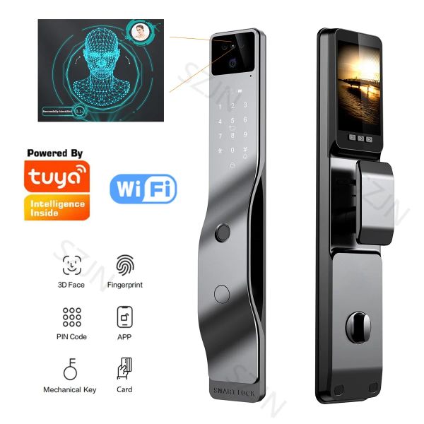 Verrouiller Tuya WiFi 3D Face Smart Door Lock Digital Electronic Security Security Camera Intelligent Empreinte Mot de passe de mot de passe Card de carte
