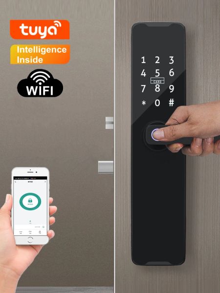 Lock Tuya Wifi Lock de puerta inteligente electrónica digital con huella digital biométrica, tarjeta inteligente, contraseña, desbloqueo de llave, carga USB