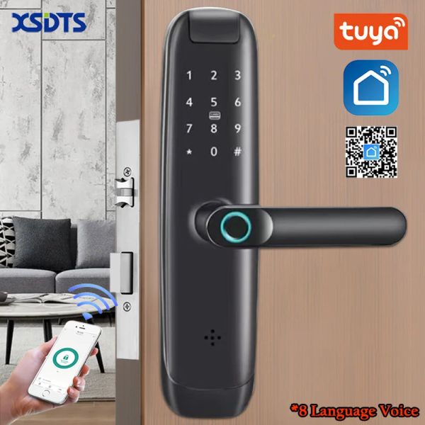 Lock Tuya Wifi Bloqueo de puerta inteligente electrónica con huella digital biométrica / tarjeta inteligente / contraseña / llave desbloqueo / carga de emergencia USB