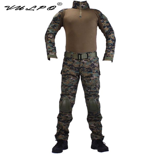 Verrouillez Vulpo Camouflage BDU Jungle Uniforms de combat numérique Shirt / Broek Elbow / Gnee Pads Militaire Game Cosplay Uniforme Ghilliekostuum