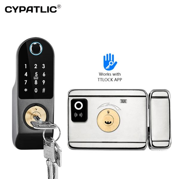 Verrouillage étanche de sécurité de sécurité porte porte porte d'entrée sans clé RFID Carte TTLOCK application Smart Rim Lock Digital Double Side Empreinte Porte de porte d'empreintes