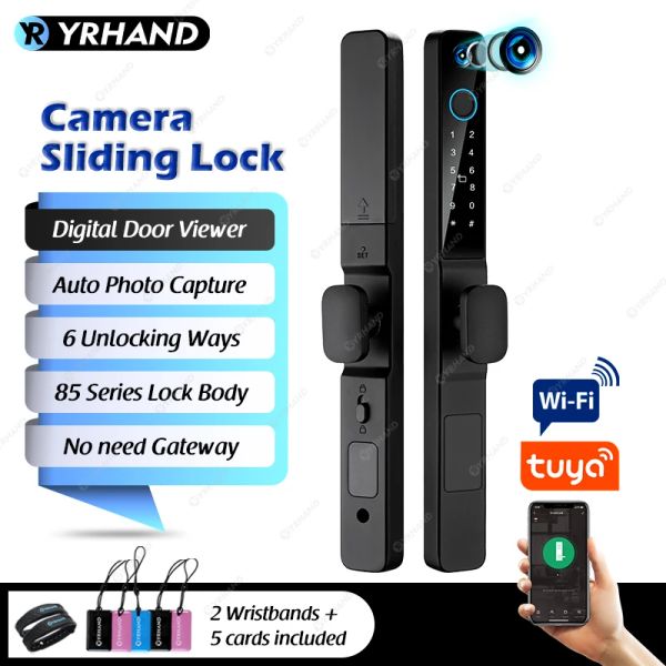 Lock Yrhand impermeabilizan la huella digital al aire libre Tuya Wifi App Rfid Peephole Smart Electronic Door Lock Aluminum/Glass Sliding