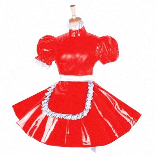 Verrouillable mignon Maid Uniforme Cosplay PVC Lolita Dr manches courtes bouffantes Halen Outfit Crossdrer Plus Size Sissy Dr V9xA #