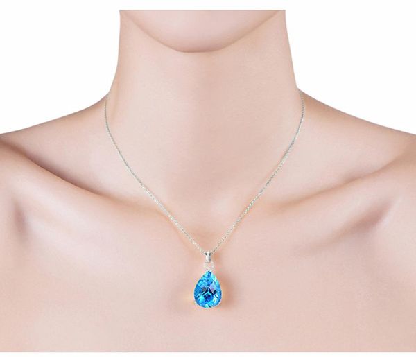 Médaillons Classique Topaze Bleu Cristal Aigue-Marine Pierres Précieuses Diamant Pendentif Colliers Pour Femmes Or Blanc Argent Couleur Chaîne Bijoux Cadeau