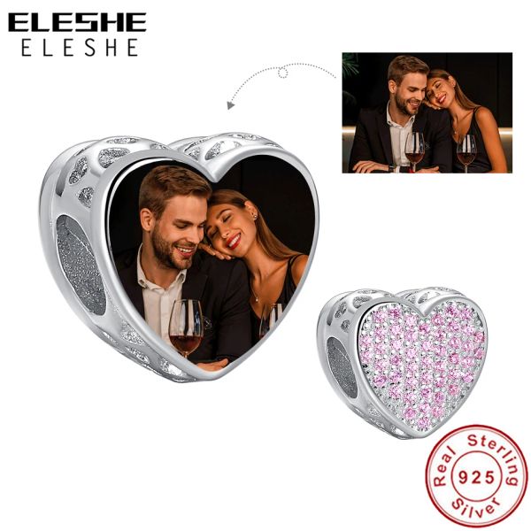 Lockets ELESHE 925 Sterling Silver Pink CZ Bead Foto personalizada Charm para las mujeres Fit Pulsera original DIY Joyería Regalo del día de San Valentín