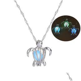 Medallones Resplandor de moda en el collar de tortuga oscura Jaulas de perlas huecas Colgante Collares de encanto de tortuga luminosa para mujer Joyas de lujo Dhtvf