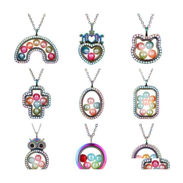 Médaillons magnétiques ouverts arc-en-ciel perle cage pendentif colliers pour femmes perles de cristal verre flottant médaillon chaînes de charme bijoux de mode otkgv