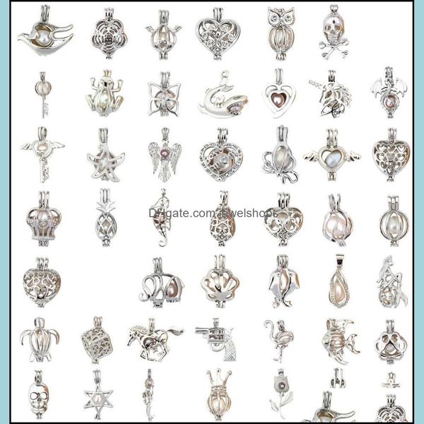 Médaillons Colliers Pendentifs Bijoux 60 Mix Styles Love Wish Pearl Cages Médaillon Évider Huître Pendentif Loup D'eau Douce Chien Ours Éléphant