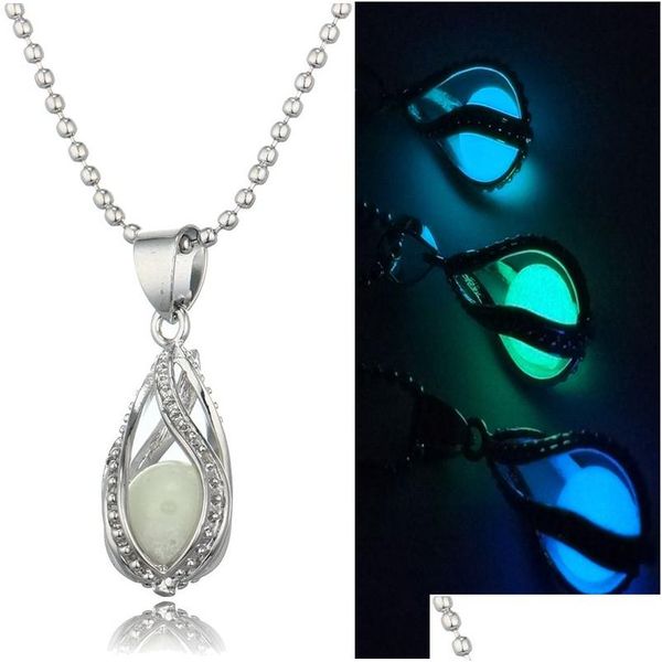 Medallones New Glow In The Dark Pearl Cage Colgante Collares Open Hollow Luminous Water Drop Charm Locket Cadena de cuentas para mujeres S Fashio Dhxse