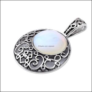 Médaillons Semi-précieuse pierre opale Opalite pendentifs 40mm plaqué argent alliage 20mm cabochon cristal femmes collier bijoux 60cm chaîne Dro Dhqp1