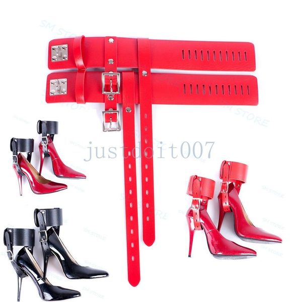 Bondage Locking Leather Tobillo Cinturones Puños de sujeción Fijados a zapatos de tacón alto correas Caliente # R98