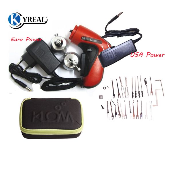Pistola de selección de cerradura eléctrica inalámbrica KLOM con cuchillas de diferentes tamaños, juego de selección de fuente de alimentación de EE. UU./Euro, herramientas de cerrajería