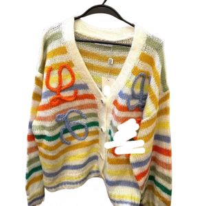 Loewee Designer Sweater Originele kwaliteit Origineel label Kleurrijk Gestreept Uitgeholde V-hals Lange mouwen Gebreid Regenboogvest Voor Dames Leeftijdverlagend Lui