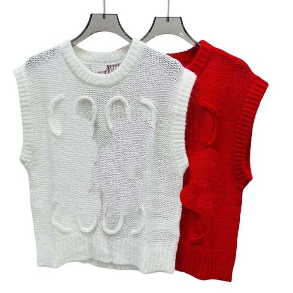 Loewee Designer Sweater Calidad original Punto Hollow Out Cuello redondo Chaleco sin mangas Letra Color sólido Gancho Flor Top para mujer Camisola de verano Diseñador Moda