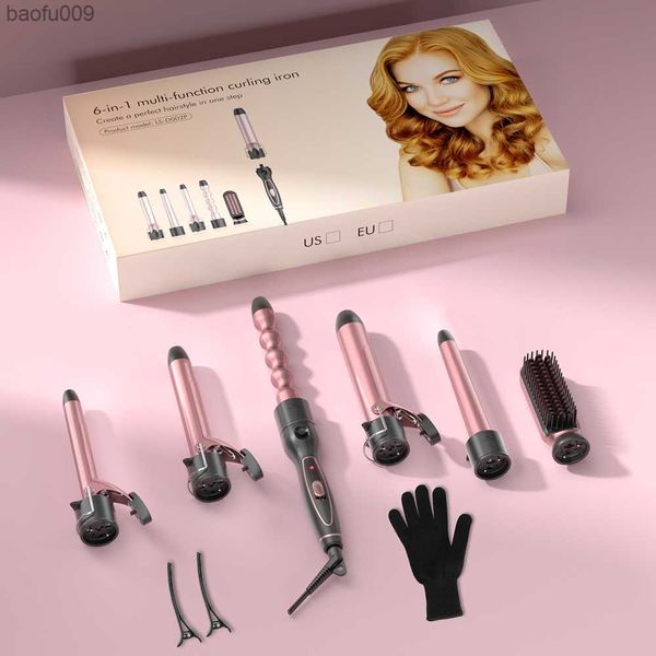 Rizador de pelo multifuncional Lofamy con tipo de peine multitubo 6 en 1, rizadores de pelo eléctricos de oro rosa para mujeres de pelo largo L230520