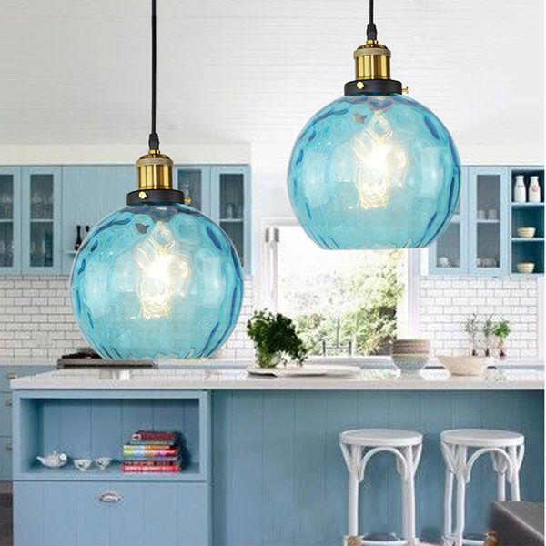 Lámpara colgante de cristal de color azul moderno para Loft, lámpara colgante nórdica vintage LED E27 con 3 tamaños para dormitorio, vestíbulo, restaurante y oficina