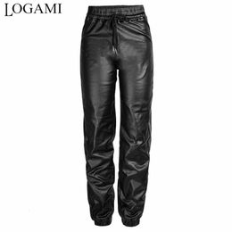 LOGAMI Faux cuir pantalon femmes élastique cravate taille pantalon automne hiver épais Pu pantalon noir 240222