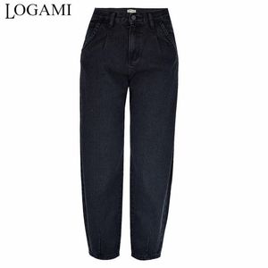 LOGAMI Taille Haute Harm Jeans Pantalon Femme Automne Hiver Maman Jeans Dames Pantalon Lâche Noir 210302