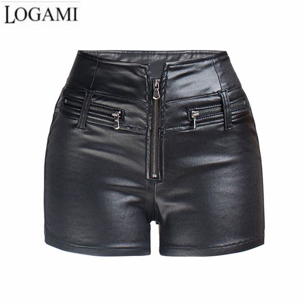 LOGAMI-pantalones cortos de motociclista para mujer, de cintura alta, de piel sintética, con cremallera, color negro, ajustados, para verano y otoño