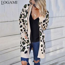 Logami Long Leopard Cardigan Damesmouw Herfst Winter Truien Mode Damesjas 211011