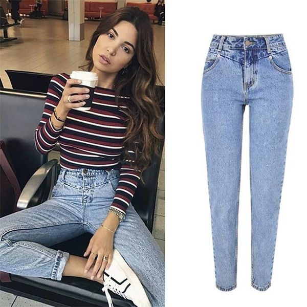 LOGAMI Mode Taille Haute Boyfriend Jeans Femme Casual Jean Droit Pour Femmes Denim Pantalon Bleu Clair 210302