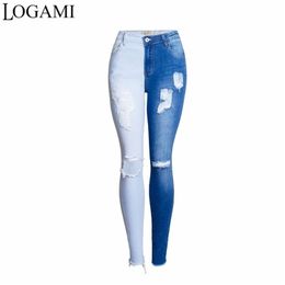 LOGAMI Skinny Ripped Jeans Mujer Contraste Color Slim para mujeres Pantalones de mezclilla 210809