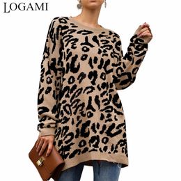 LOGAMI Vintage grueso leopardo tejido largo suéter y pulóveres mujeres suelta Casual Otoño Invierno suéter Jumper Top Femme 201222