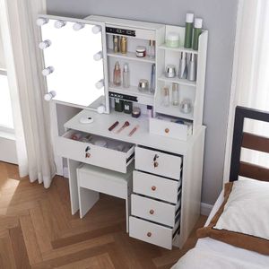 Logimiz Éclairage de miroir coulissant blanc, 3 couleurs de luminosité réglable pour filles, coiffeuse avec chaises et tiroirs, chambre à coucher (Y1906)