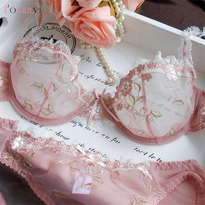 Logirlve Exquisite Borduursel Lotus Pink Ultradunne dames sexy transparante kanten ondergoed beha set 220513