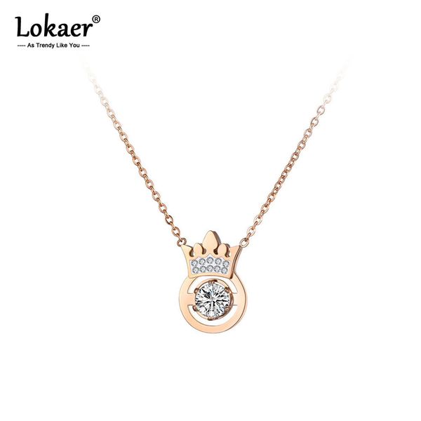 Lokaer clásico AAA CZ cristal corona colgante collar oro rosa Acero inoxidable boda collar joyería para mujeres regalos N19036