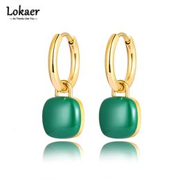 Lokaer-pendientes de aro con dije cuadrado de acero inoxidable para mujer, aretes esmaltados en azul, negro y blanco, chapado en oro, E22086 231225