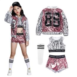 LOlanta 414 ans filles rose paillettes Crop hauts Shorts veste vêtements de danse Costume Hip Hop moderne Jazz danse scène Performance porter 240306