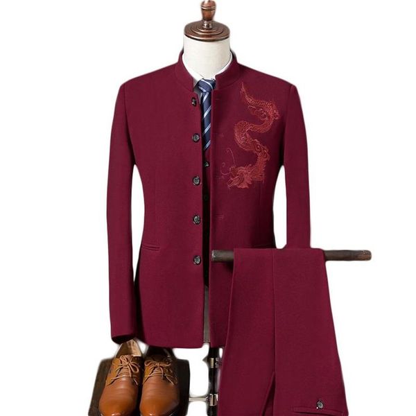 Trajes de hombre Loldeal, otoño 2020, trajes de boda con estampado de dragón de estilo chino, cuello levantado, corte ajustado, 3 piezas, vino informal Red245f