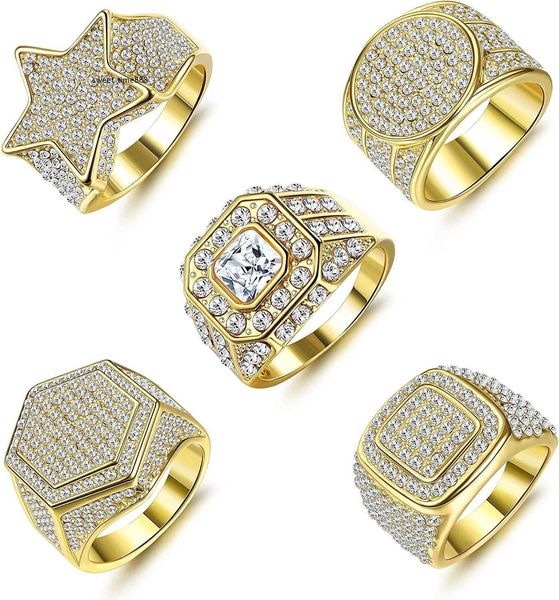 LOLIAS 5 pièces plaqué or 18 carats brillant bague cristal de glace rose bague CZ étoile géométrie bague en or hip hop bague homme métal non précieux zircon cubique