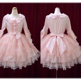 Lolit avond roze jurken juweel nek lange mouw schattige prom boog toegewezen kant moe tuLle chiffon knielengte op maat gemaakte feestjurk