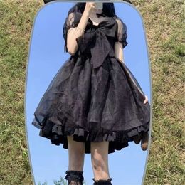 Lolita preto kawaii estética manga bufante cintura alta vintage bandagem renda guarnição roupas góticas vestido de verão mulher