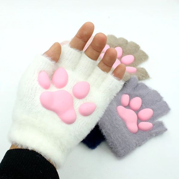 Lolita Cosplay Gants de griffe de chat Mode Silicone Mitaines en peluche 3D Orteils Patte de chat Manches à la main Tricoté Chaton Mitaines Fournitures240125