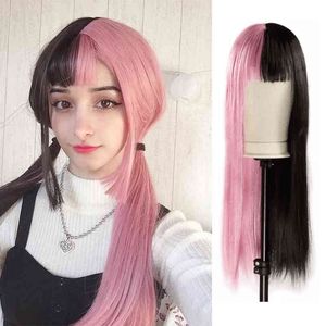 Lolita cosplay pruiken half roze zwarte lange rechte synthetische Halloween twee ombre kleur voor vrouwen meisje 220622