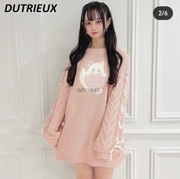 Lolita Mignon Fille Longue Oreille Lapin Pull Pull Femmes Doux Rose Lâche Surdimensionné Longue Robe Tricotée Automne Hiver Vêtements HKD230829