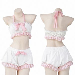Lolita Cute Girl Ruffles Femmes Kawaii Maid Outfit Sweet Sexy Vêtements de nuit Serviteur Cosplay Costumes Bow Lace Tops et Bloomers Set E8kE #