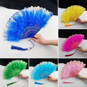 Lolita Feather Lace Folding Fan Sweet Fairy Girl Dark Gothic Court Dance Hand Fan Hanger Gift Wedding Party Supplies MJ0847