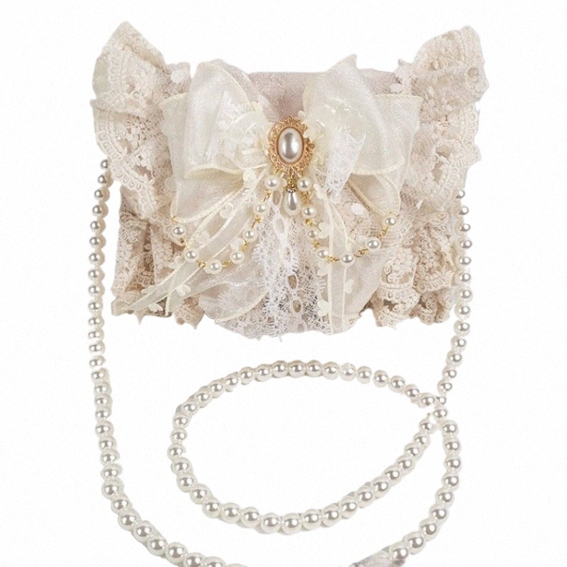 lolita sanfte Mädchen Umhängetaschen elegante süße Spitzenbogen Frauenhandtaschen fi süße Perlenkette Top-Griff Y2K Ästhetik O3IU#