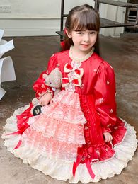 Lolita Meisjes kant borduurwerk taart jurken kinderen ruche kraag bladerdeeg mouw prinses jurk kinderen kerstfeest kleding Z4335
