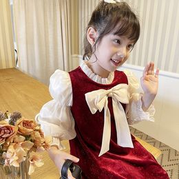 Lolita Meisjes bladerdeeg mouw prinses jurken dame stijl kinderen Strikjes stropdas ruche kraag feestjurk herfst kinderkleding Z4290
