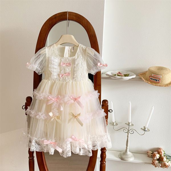Lolita Girls Ribbon Bows Lace Tulle Robe Kids Gauze Puff Sleeve broderie Princess Robe 2024 Summer Children's Day Party Clothing Z7621