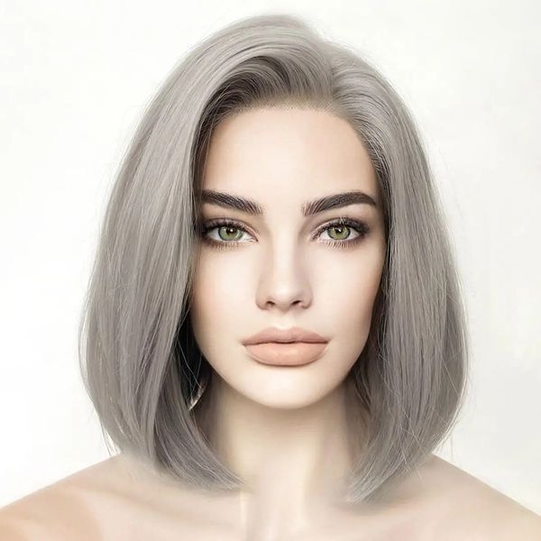 Perruque Lace Front Wig Bob courte sans colle, cheveux de bébé, gris, blond, 12 pouces, densité 180, transparente, 13x4, pour femmes blanches