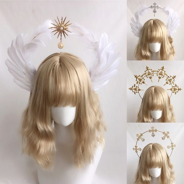 Diadema estilo Lolita Virgen María Halo reina princesa corona Tiara Noitira alas de plumas de Ángel Aro para el pelo tocado accesorios para el cabello