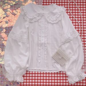 Lolita Shirt White Elegant Femmes Preppy Style Blousses Migne Peter Pan Collar Lace Ruffle JK Shirts Girls Long manches Blusas Mujer 231227