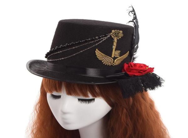 Sombrero de encaje Floral Steampunk para mujer, sombrero de copa victoriano vintage negro, accesorio de fiesta de alta calidad 7248213